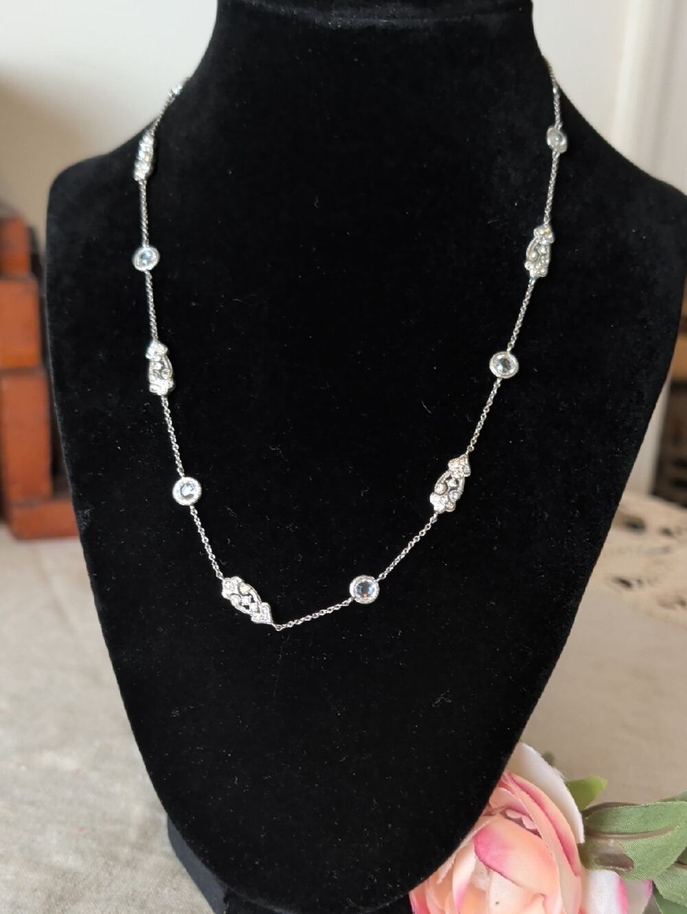 Nardi Venetian Revival Station Necklace CZ Filigree Silver Tone Art Deco Bridal